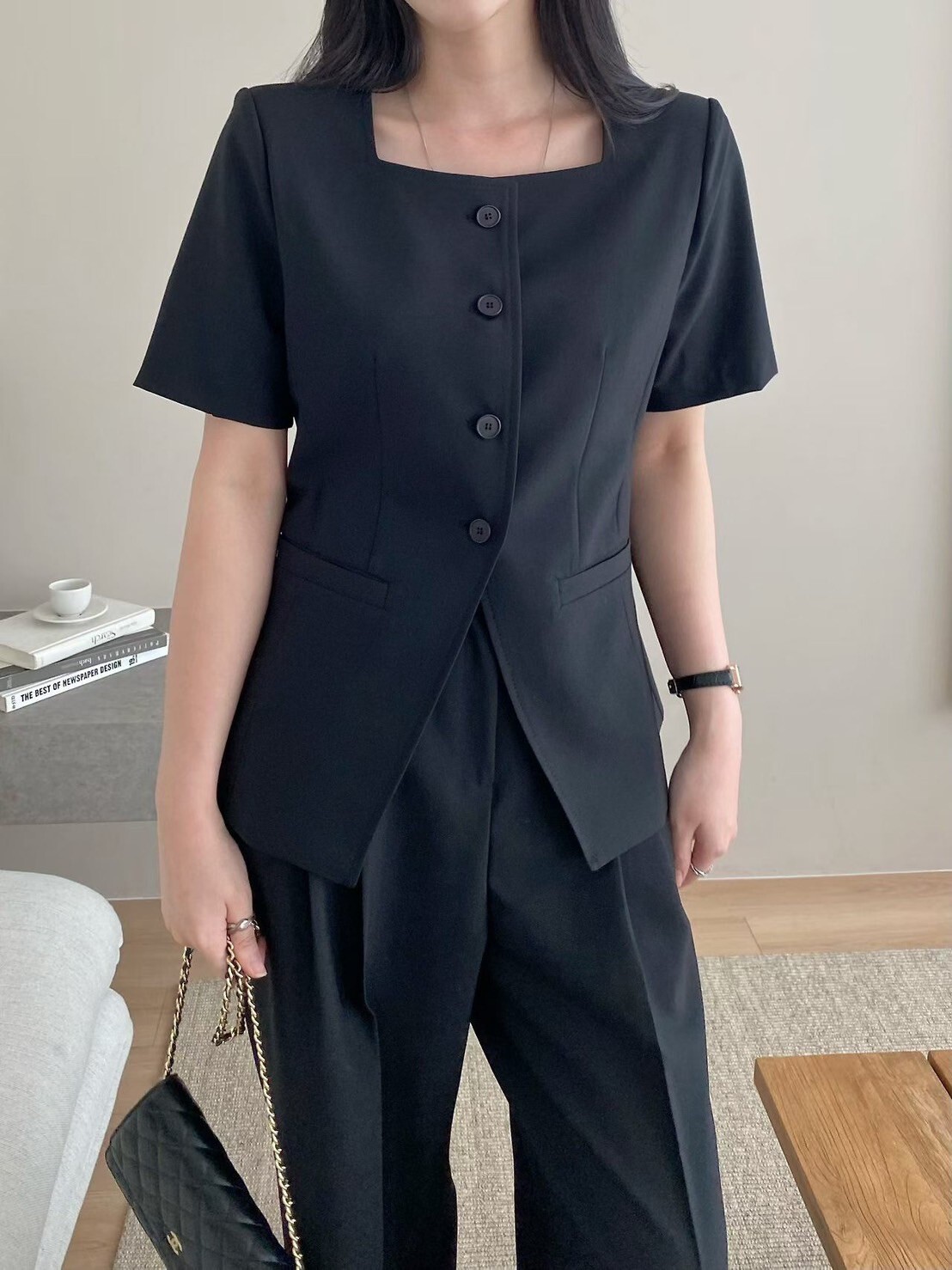 氣質感方領排釦下擺開衩造型西裝上衣-F / 2色