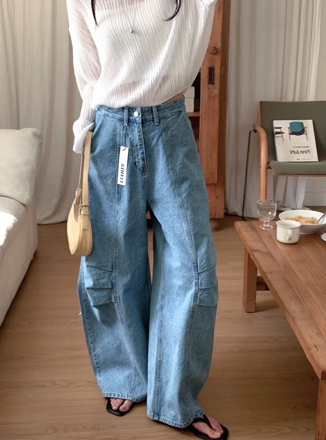 Y2K膝蓋抓摺感彎刀造型牛仔褲-S-L / 2色