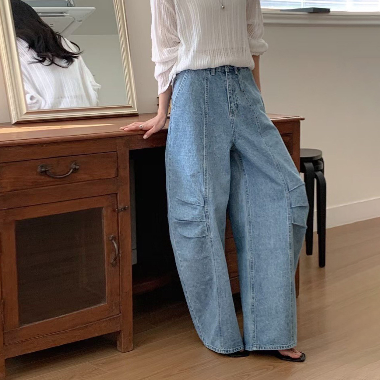 Y2K膝蓋抓摺感彎刀造型牛仔褲-S-L / 2色