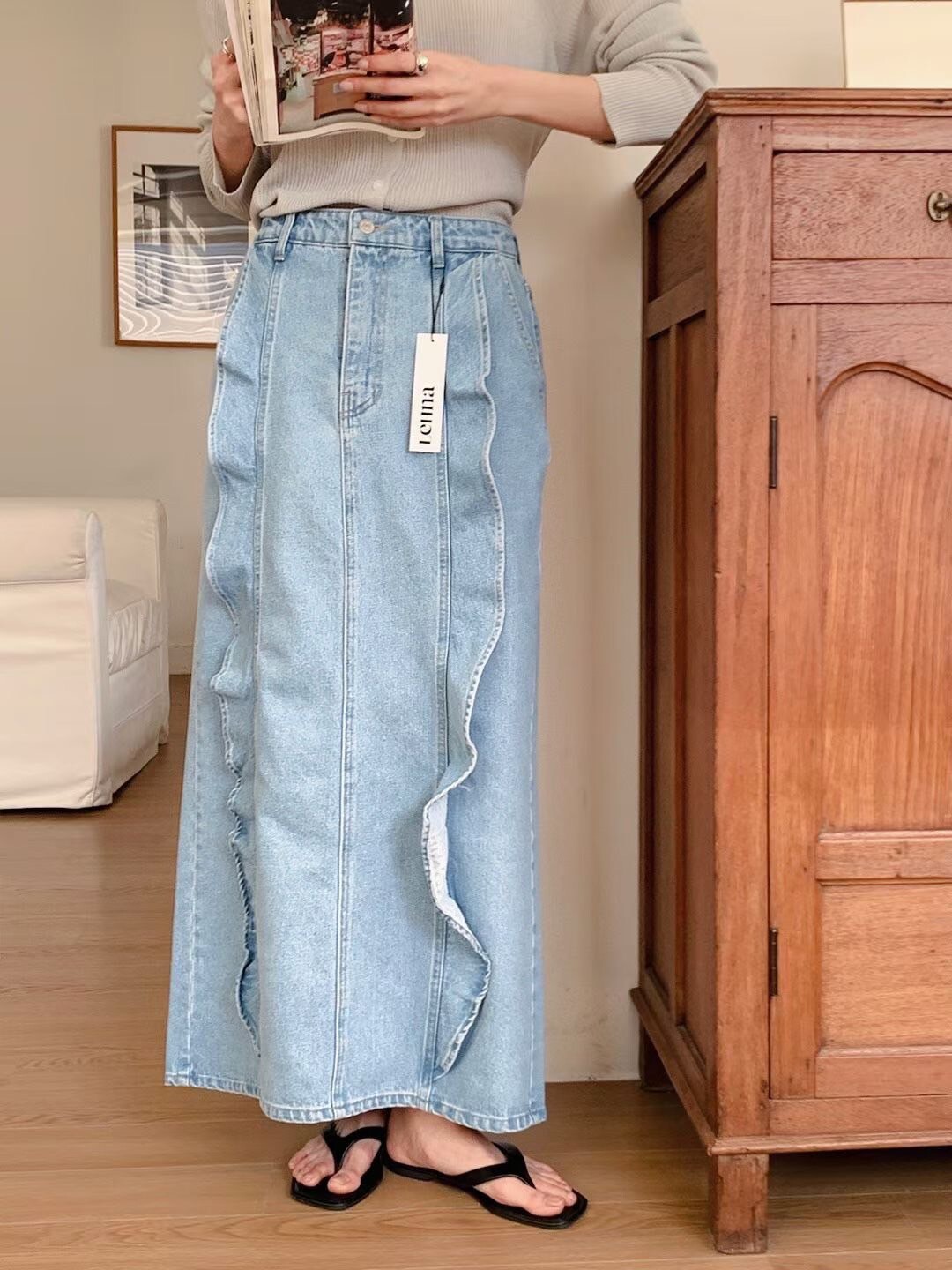 兩側立體荷葉滾邊牛仔鉛筆長裙-S-L / 2色