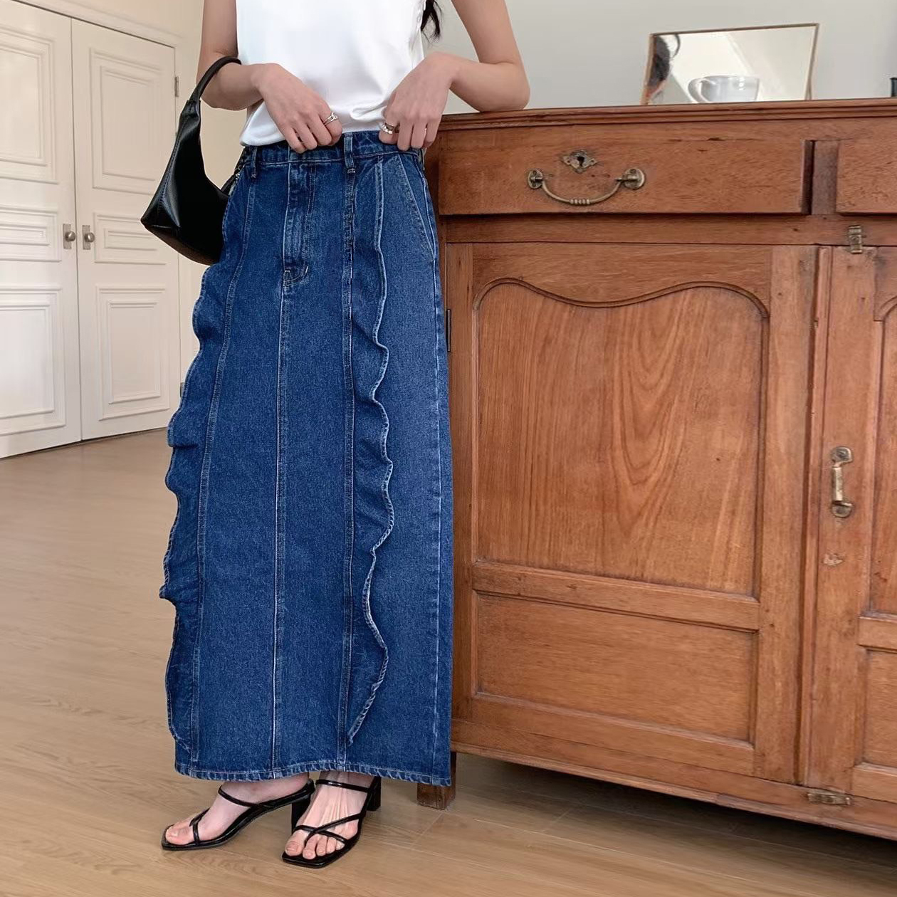 兩側立體荷葉滾邊牛仔鉛筆長裙-S-L / 2色