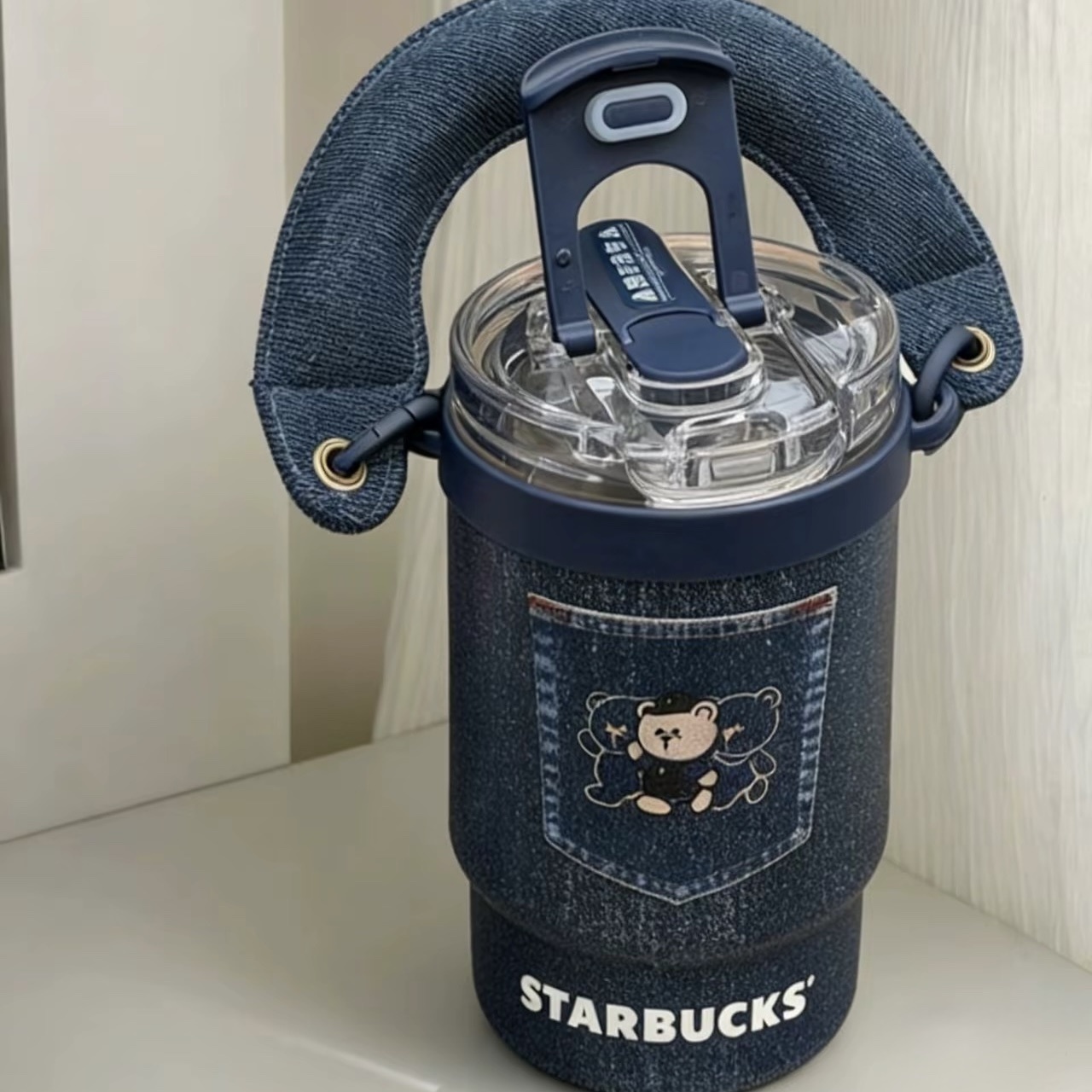 STARBUCKS 星巴克 牛仔單寧星咖系列 不鏽鋼保溫隨行杯 雙飲口冷水杯 附提把