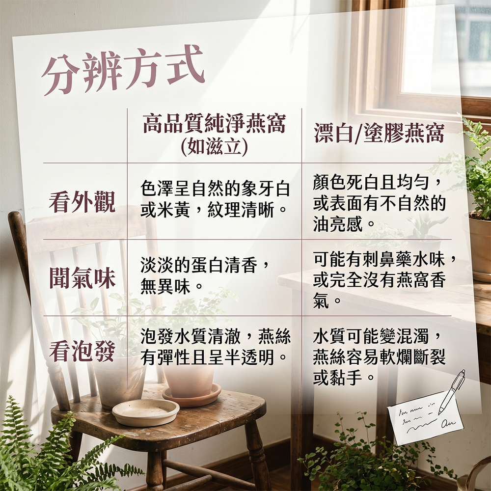 分辨滋立燕窩和漂白燕窩與塗膠燕窩的高品質燕盞細節