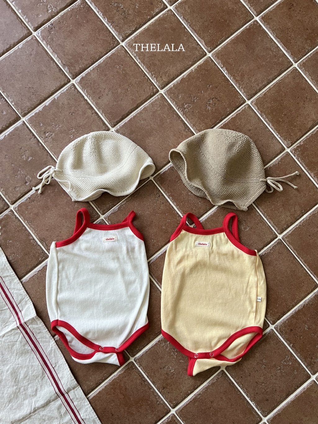 正韓夏lalla 嫩嬰紅色滾邊吊帶包屁衣