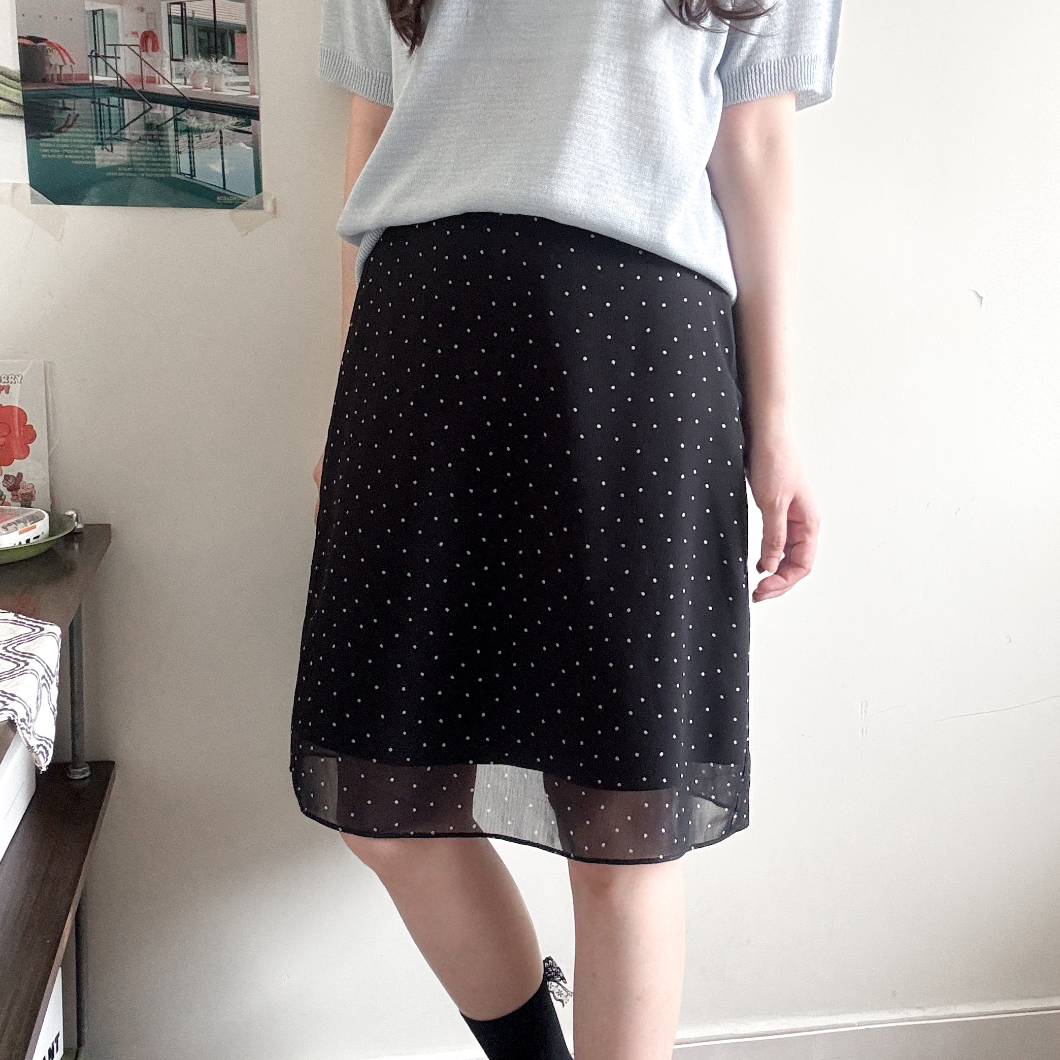 波點雪紡中長裙