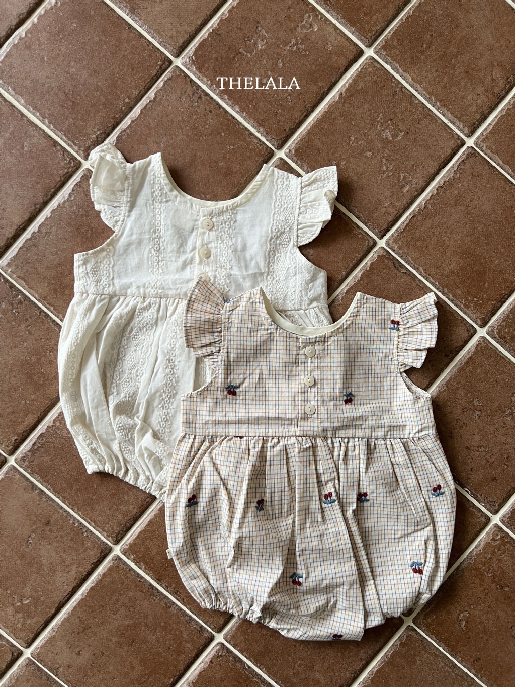 正韓夏lalla 嫩嬰飛袖米白/方格包屁衣