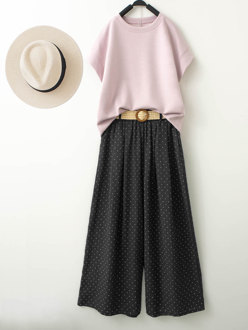 空氣棉連袖上衣棉麻點點印花九分寬褲組合