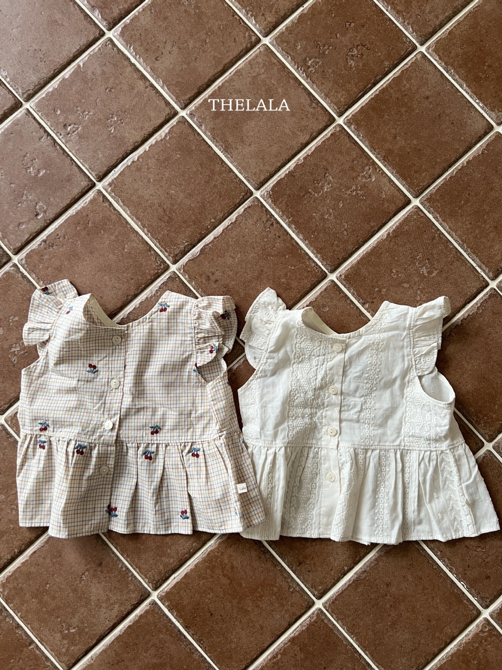 正韓夏lalla 小童飛袖米白/格紋上衣