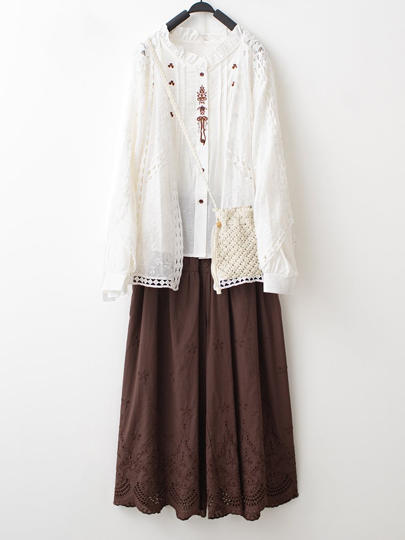 波西棉簍空罩衫荷葉小立領襯衫繡花純棉寬褲組合