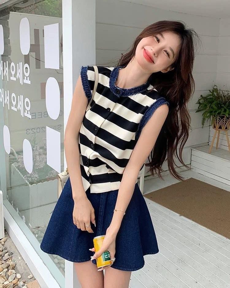 【質感簡約的法式牛仔滾邊條紋套裝組】(現貨)