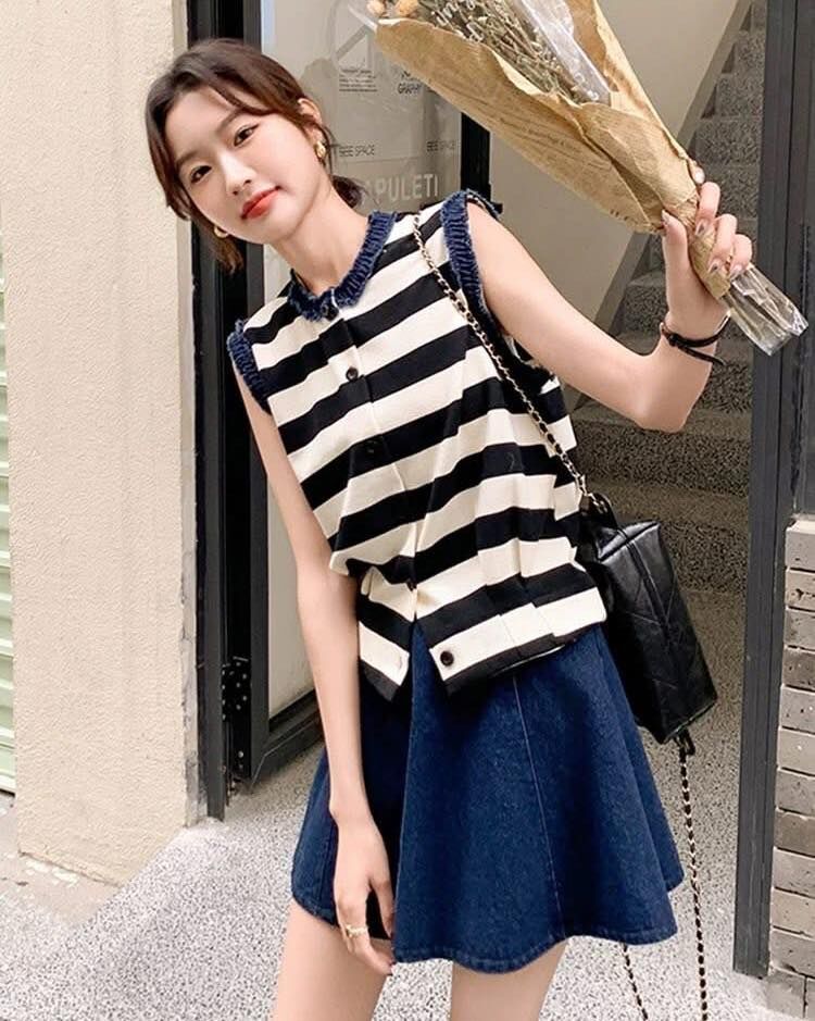 【質感簡約的法式牛仔滾邊條紋套裝組】(現貨)