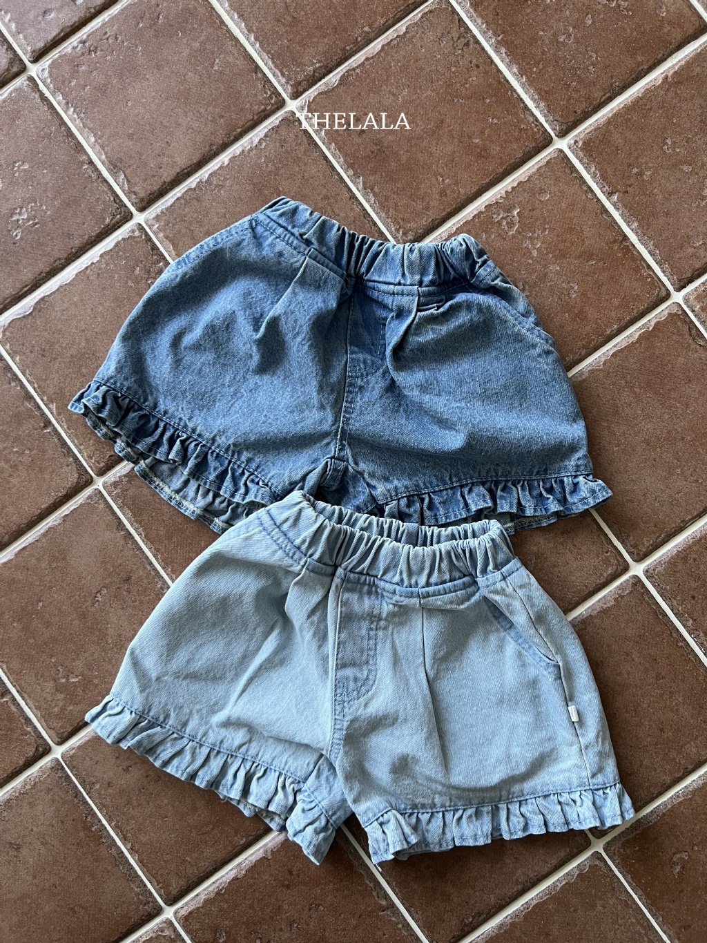 正韓夏lalla 小童兩色鬆緊花邊牛仔褲