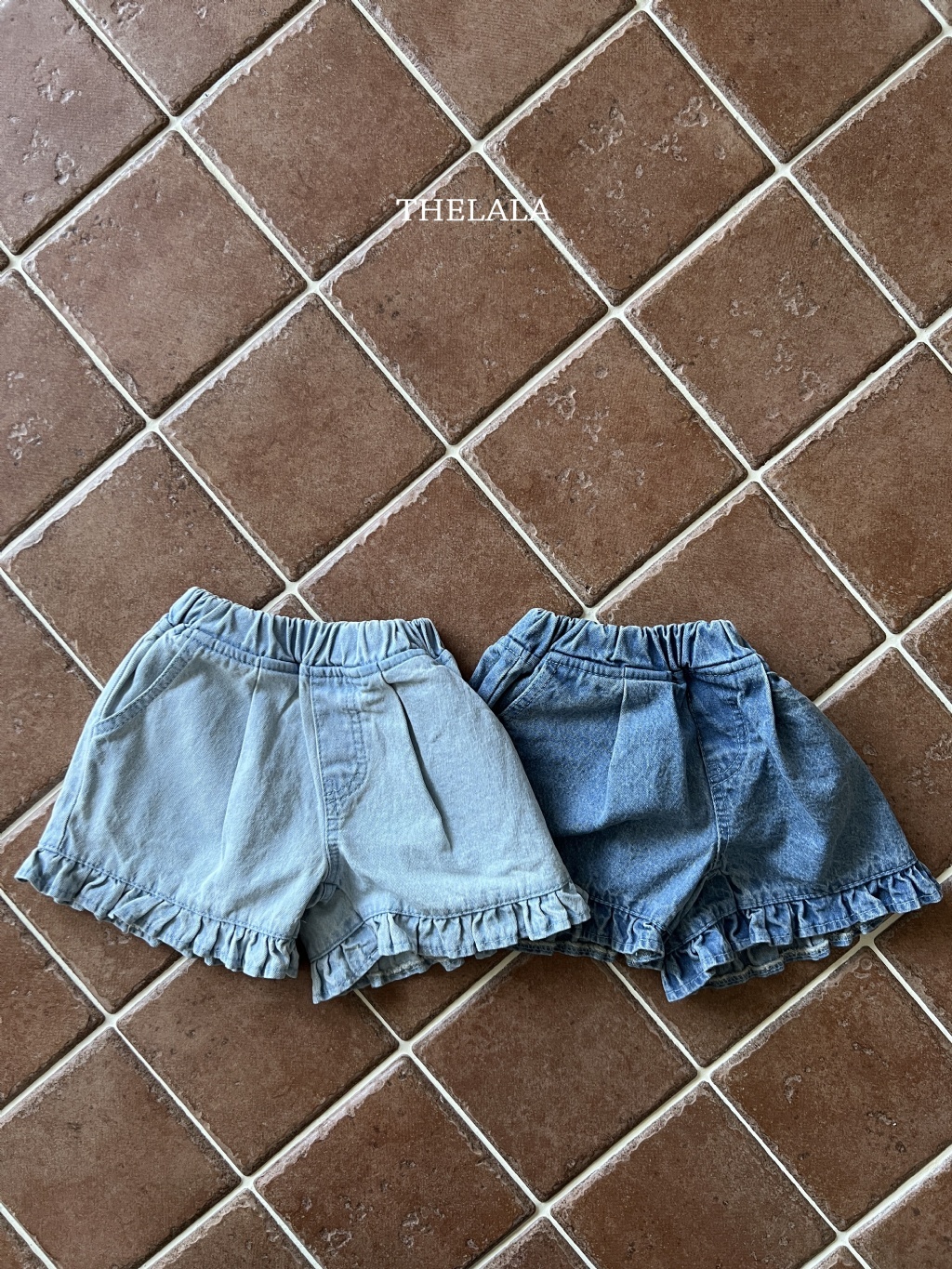 正韓夏lalla 小童兩色鬆緊花邊牛仔褲