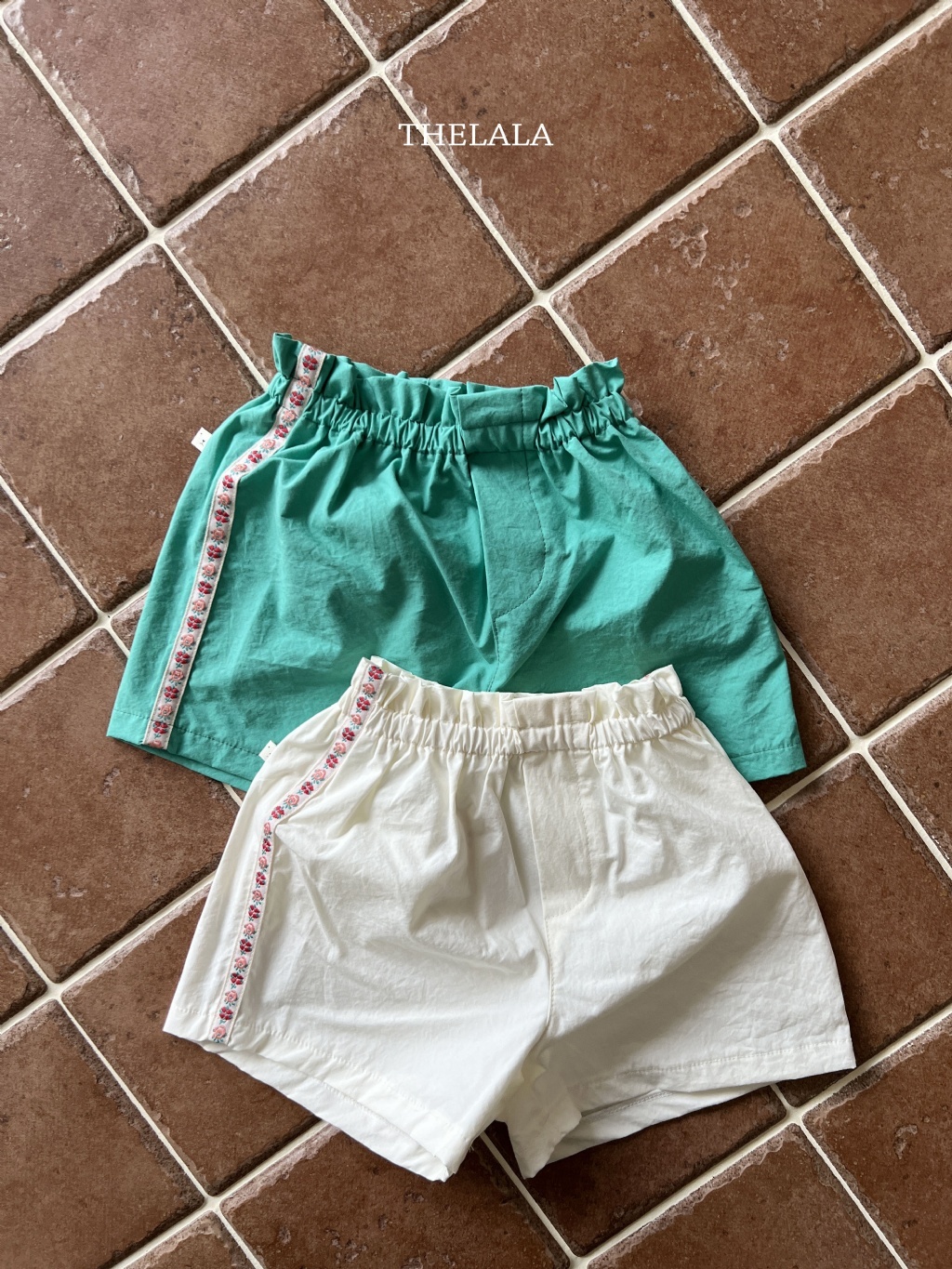 正韓夏lalla 小童兩色小花側條鬆緊短褲