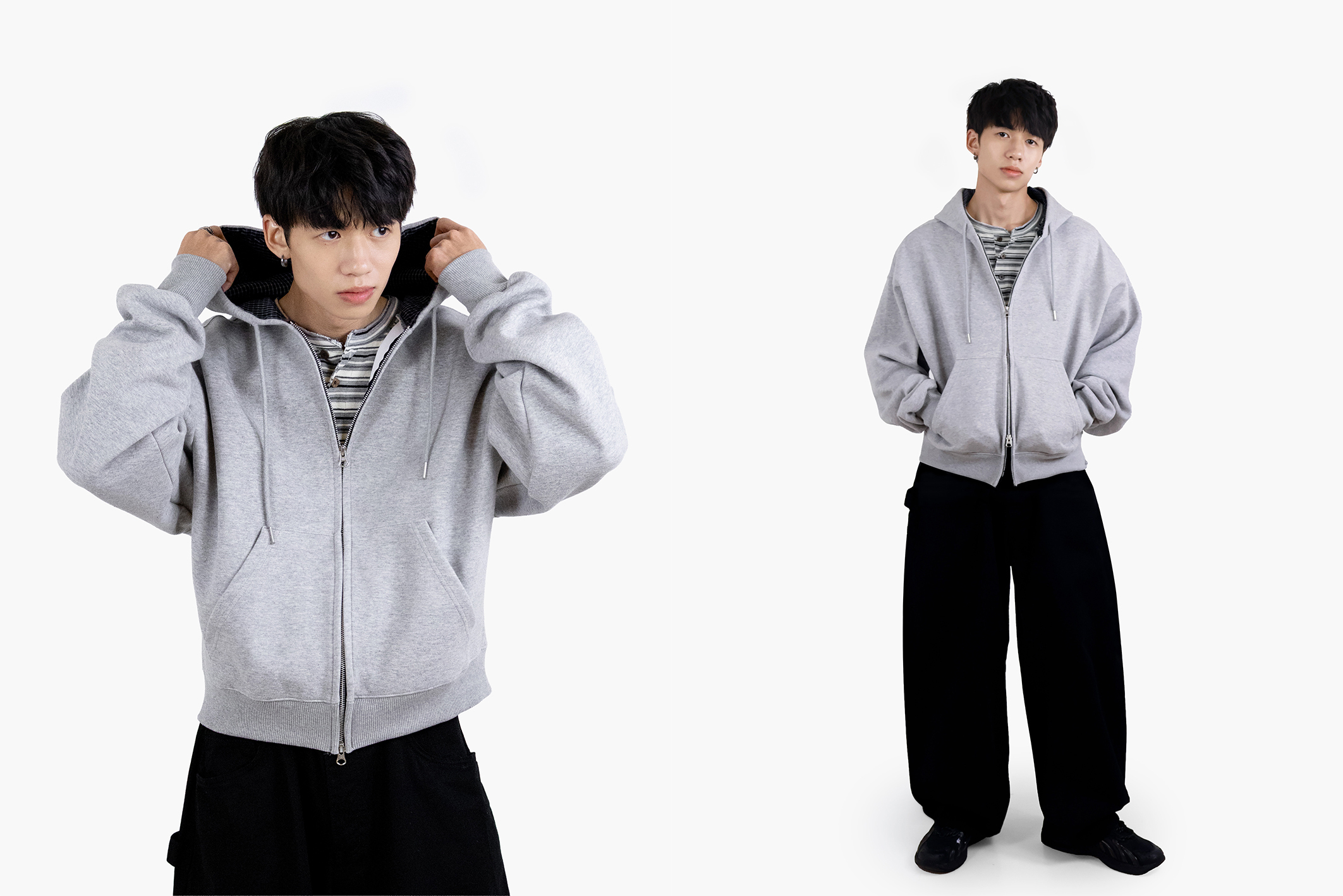 涼感條紋高彈亨利領長袖