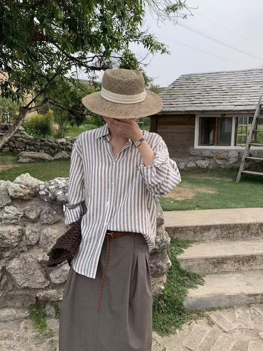 798 老錢風刺繡條紋襯衫