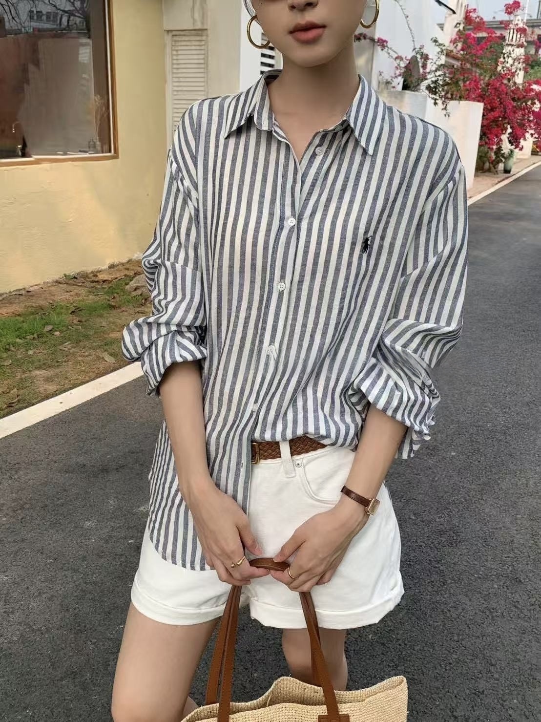 798 老錢風刺繡條紋襯衫