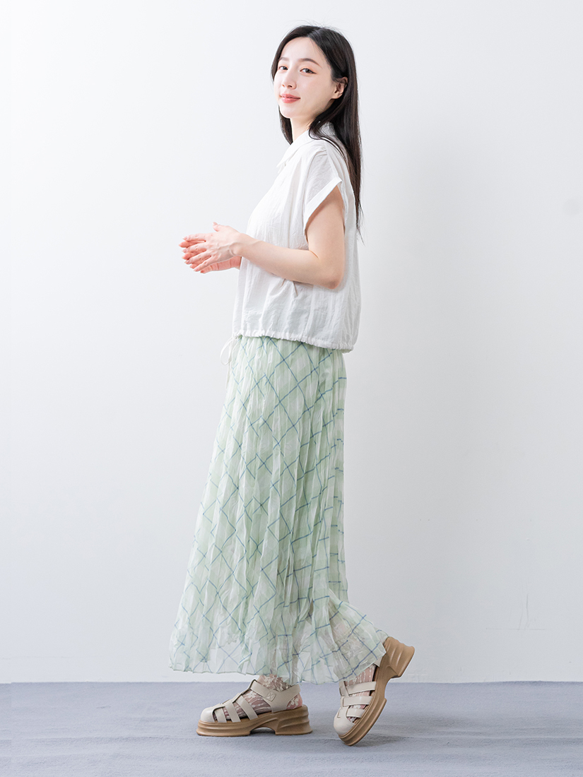 棉麻反褶袖抽繩襯衫壓皺格紋網紗長裙組合