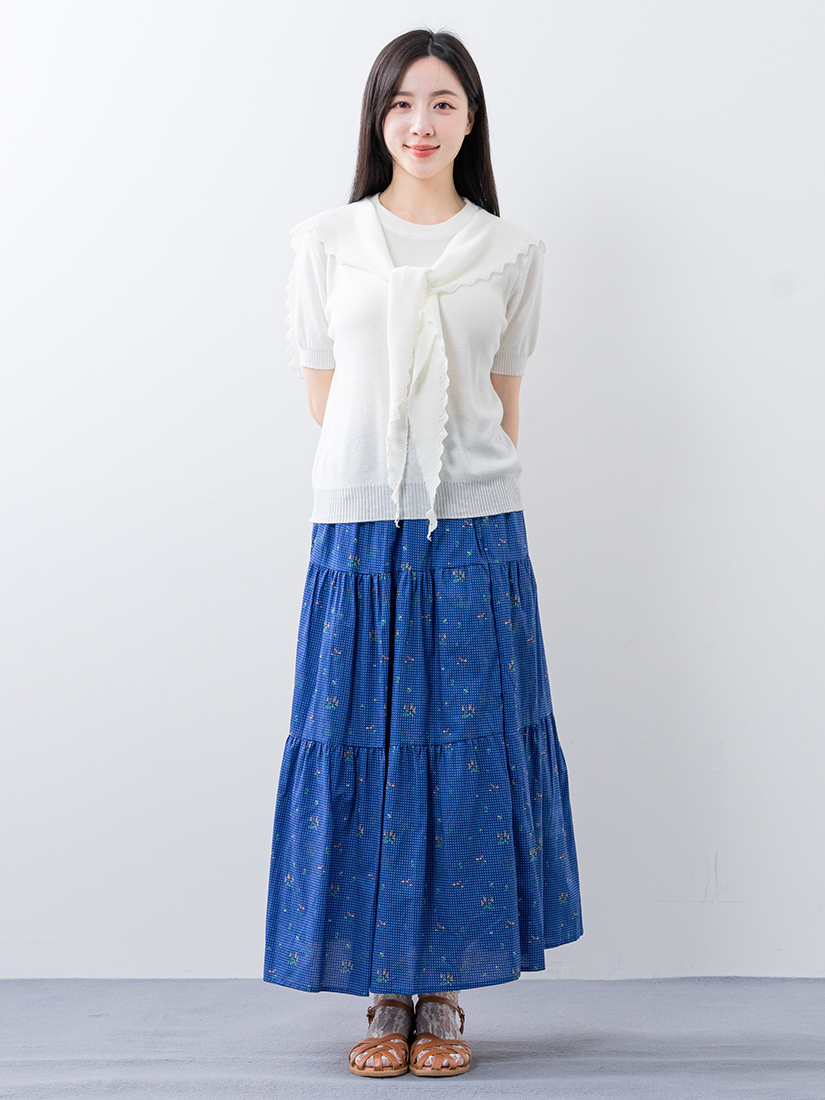 兩件式針織上衣碎花層次純棉蛋糕裙組合