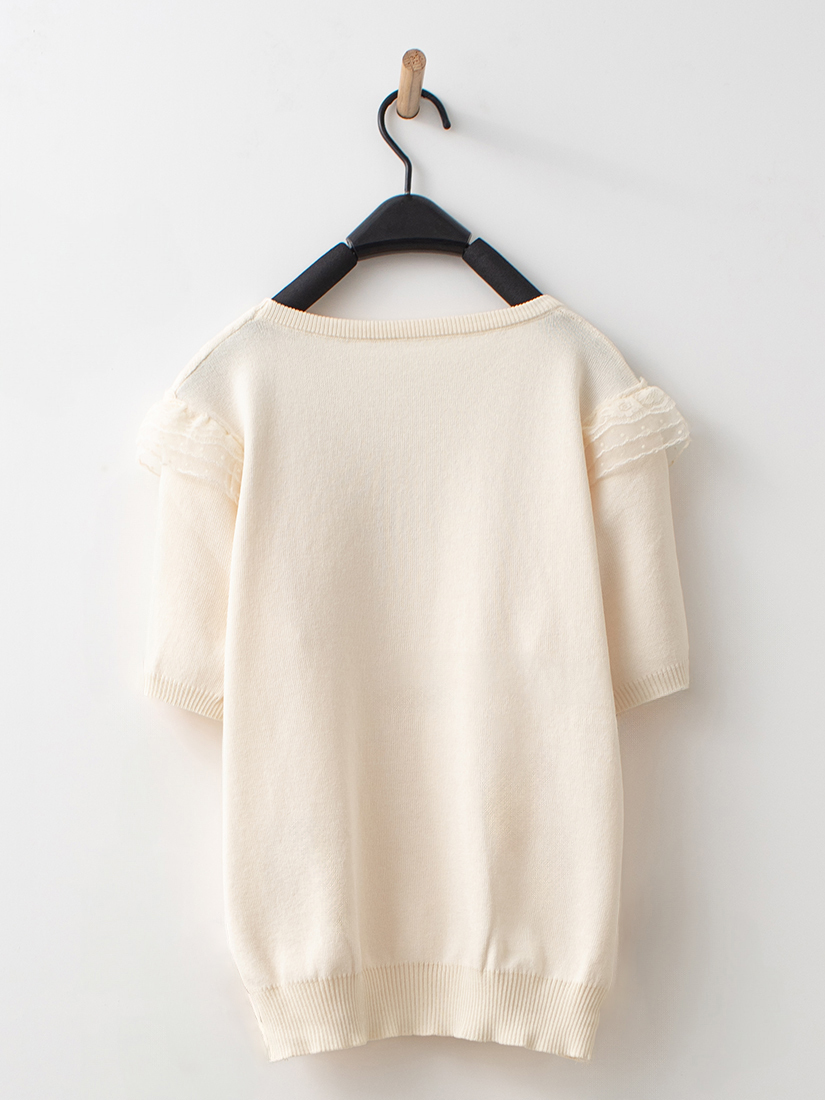 日系溫柔蕾絲點點網紗簍空緹花剪接短袖針織衫