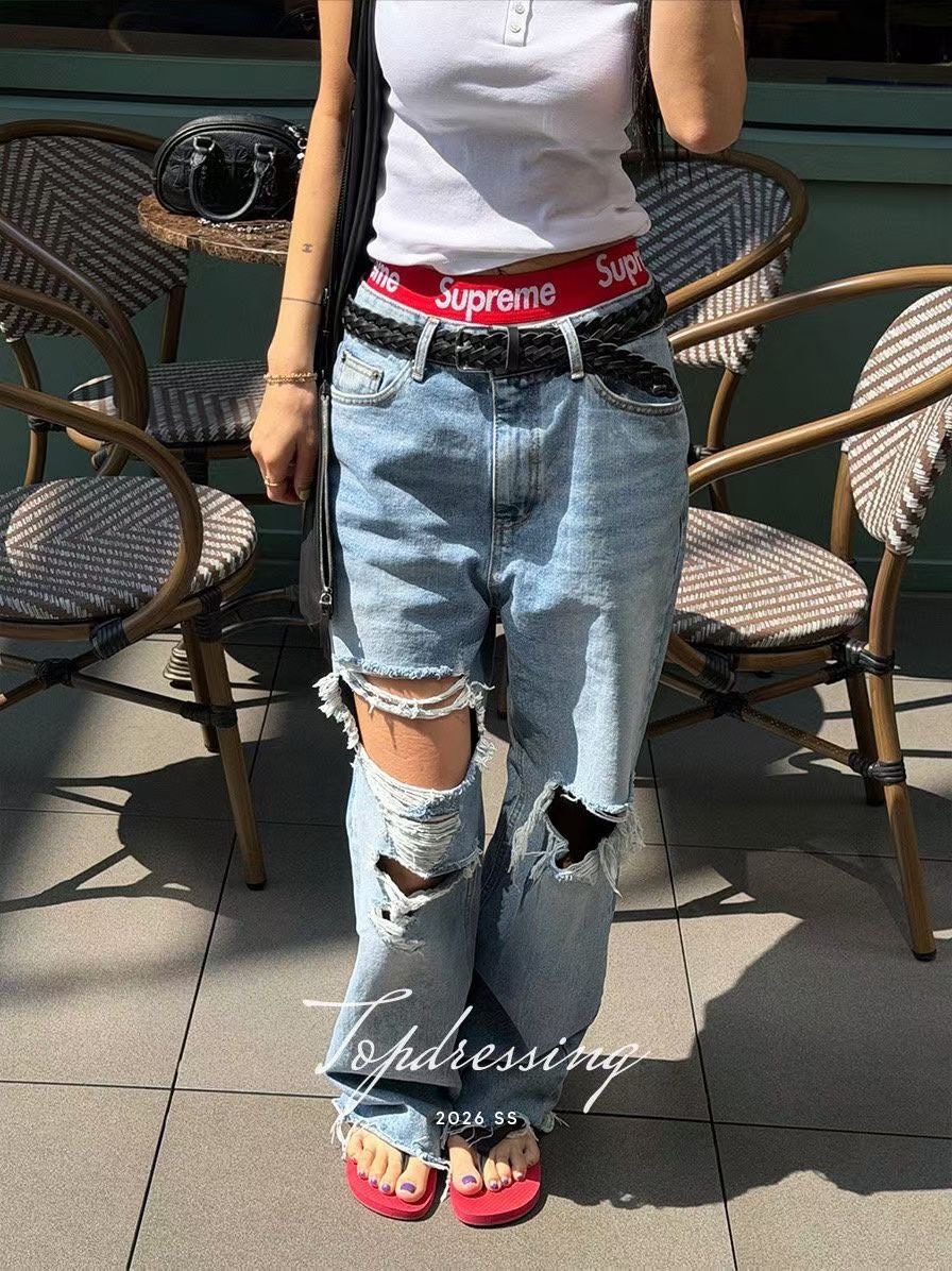 白鬚破洞牛仔長褲(不含腰帶)
