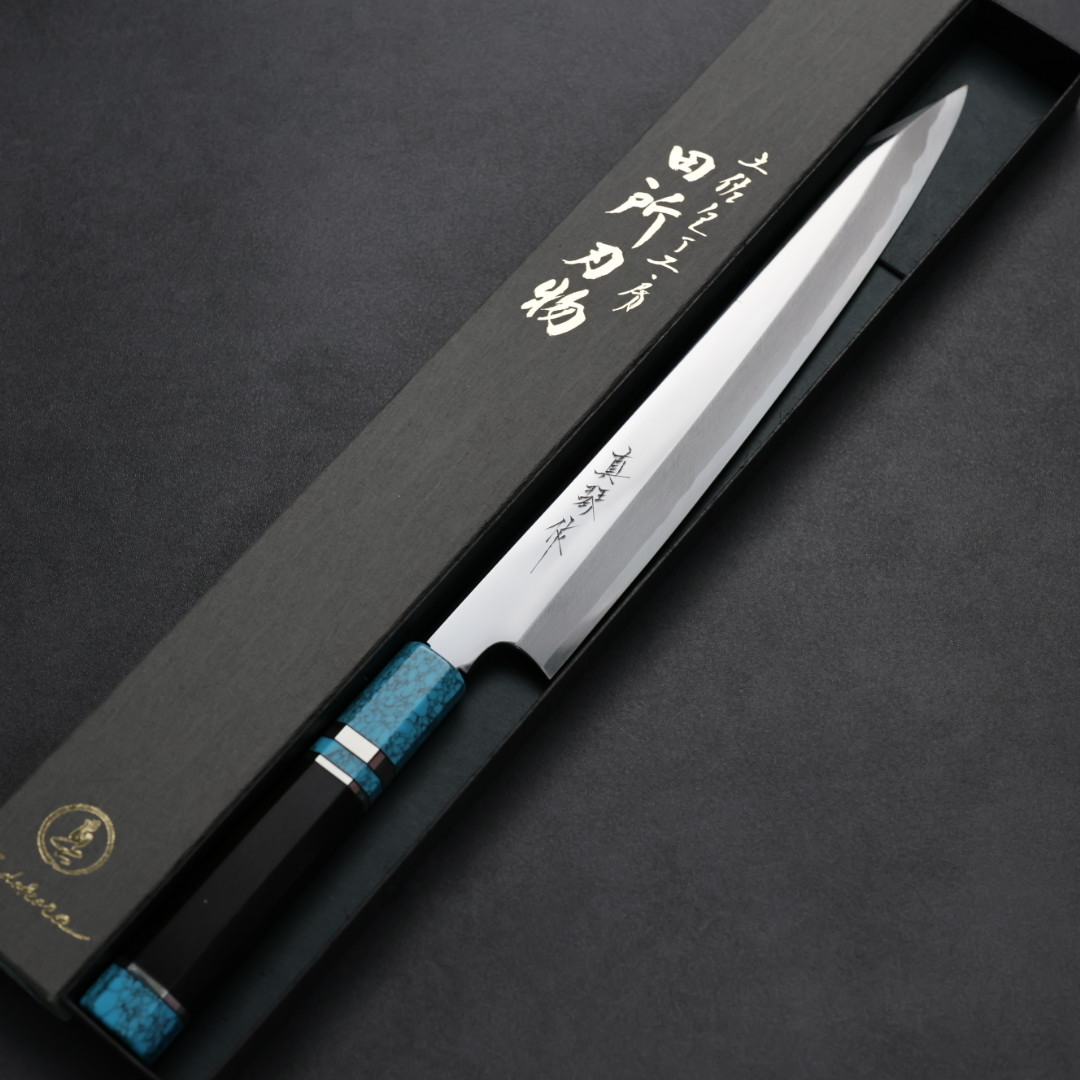 田所真琴 切付柳刃 白紙1號鋼 鏡面 藍松石黑檀柄