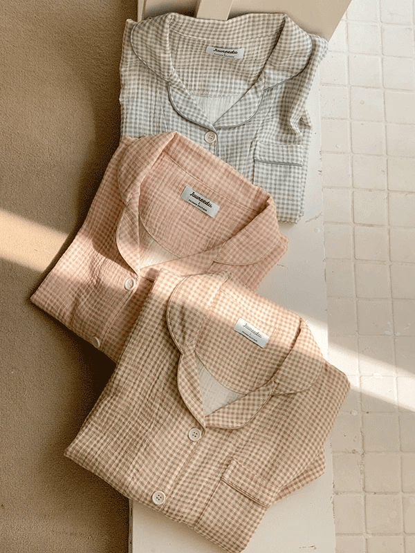 [10,000件熱銷/☁全棉嬰兒棉] Juuneedu｜[短袖睡衣] Daisy Check Pajama [3 colors]