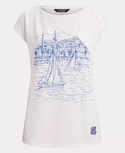 [USW] LAUREN RALPH LAUREN WHITE WOMEN'S GRAPHIC SHORT-SLEEVE TOP, UZZ136 (UZZ136)