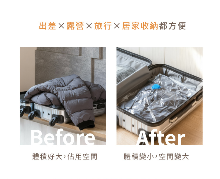 出差露營旅行居家收納都方便Before體積好大,佔用空間After體積變小,空間變大