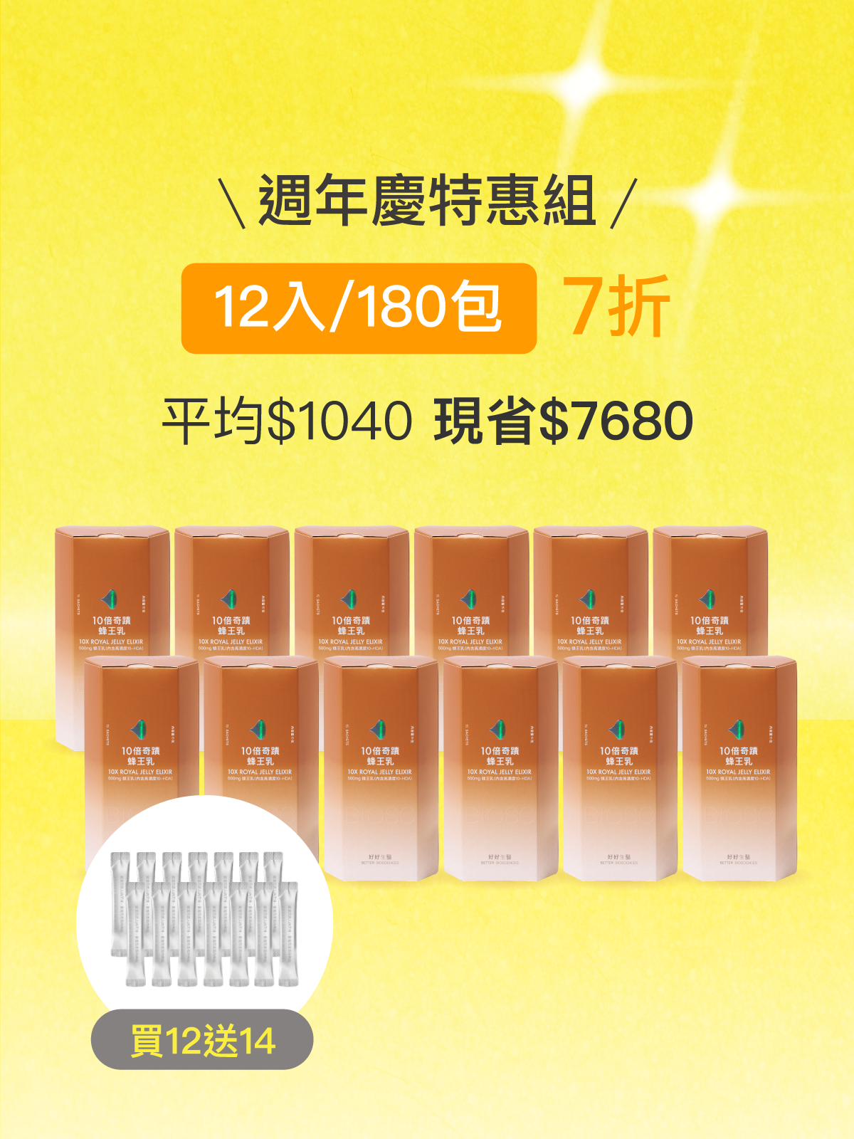 【週年慶限定｜預購5月上旬出貨】10倍奇蹟蜂王乳＿12入組 (180包)-500毫克美國蜂王乳 含500Da超小分子膠原蛋白三胜肽