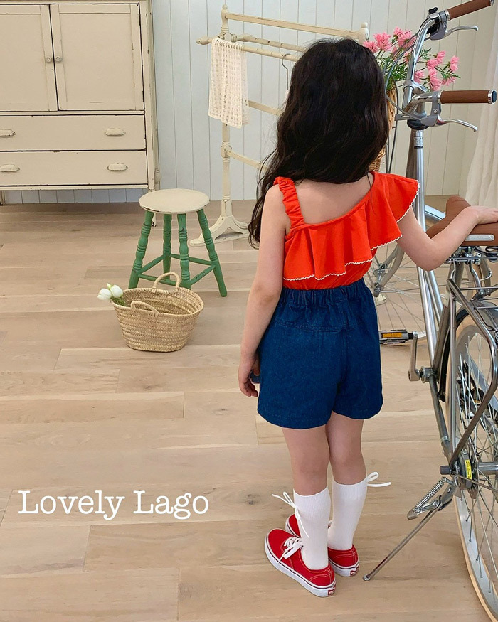 正韓夏LAGO 紅色滾邊斜邊裙褲