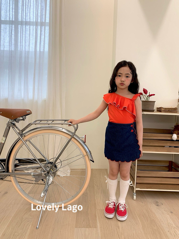 正韓夏LAGO 紅色滾邊斜邊裙褲