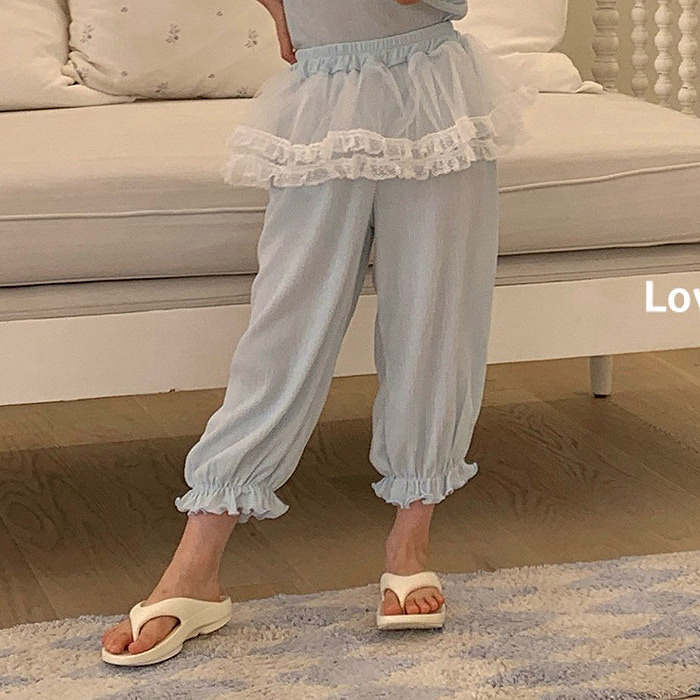 正韓夏LAGO 兩色蕾絲浪花拼接褲