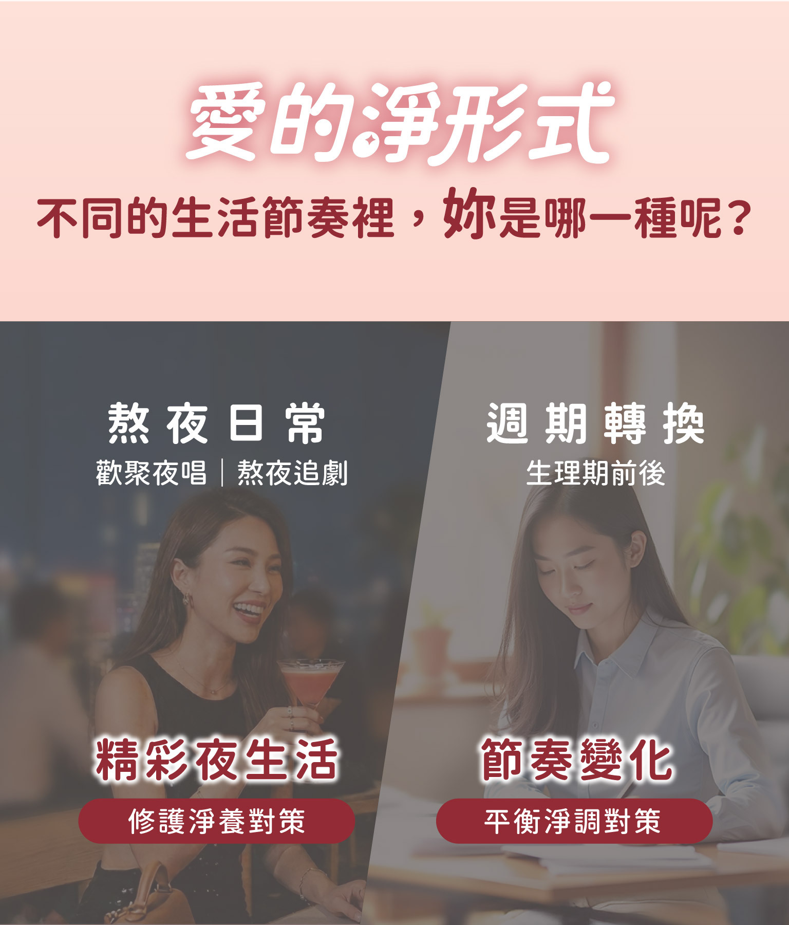 圖示呈現女性不同生活情境，包含上班、運動、新手媽媽、熟齡保養、旅行、戀愛、熬夜與生理週期等階段，傳達各種日常節奏下的女性保養需求與呵護概念