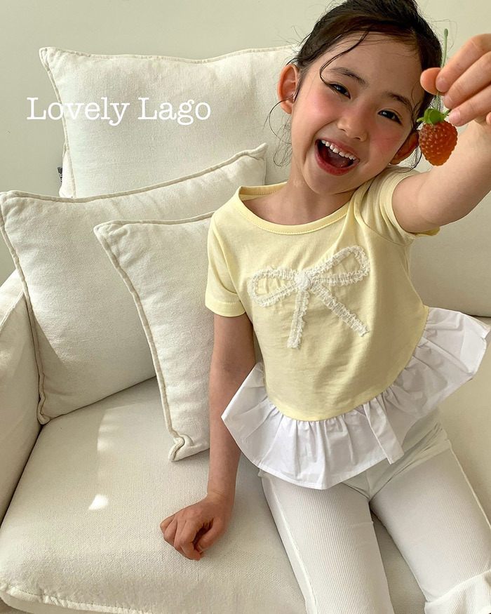 正韓夏LAGO 兩色蕾絲蝴蝶結花邊上衣