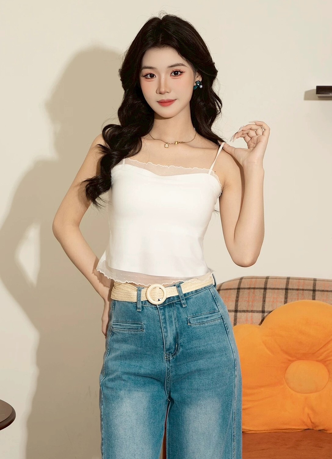 拼接透紗冰絲罩杯背心 8776