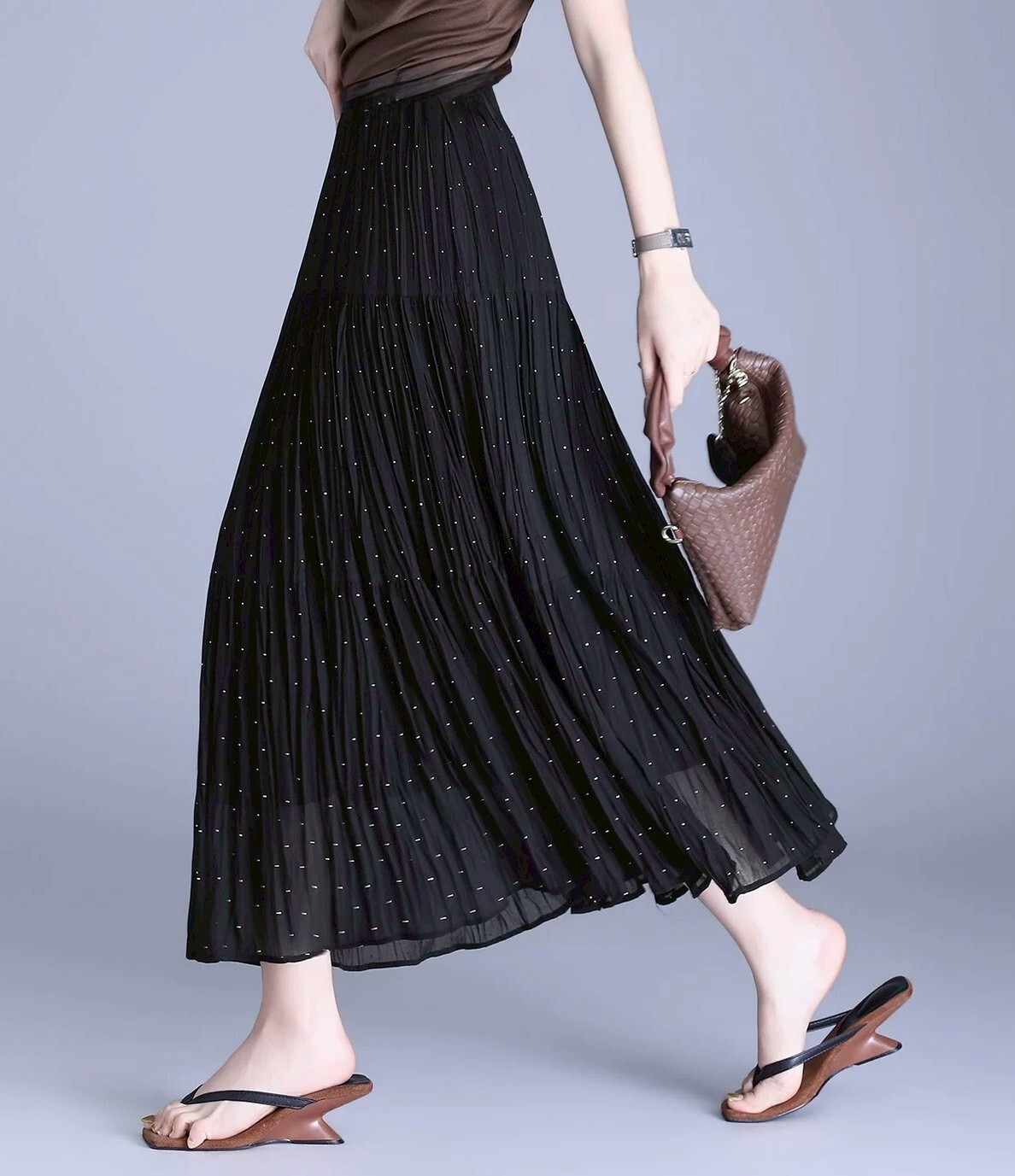 鬆緊腰鑽鑽壓摺雪紡長裙