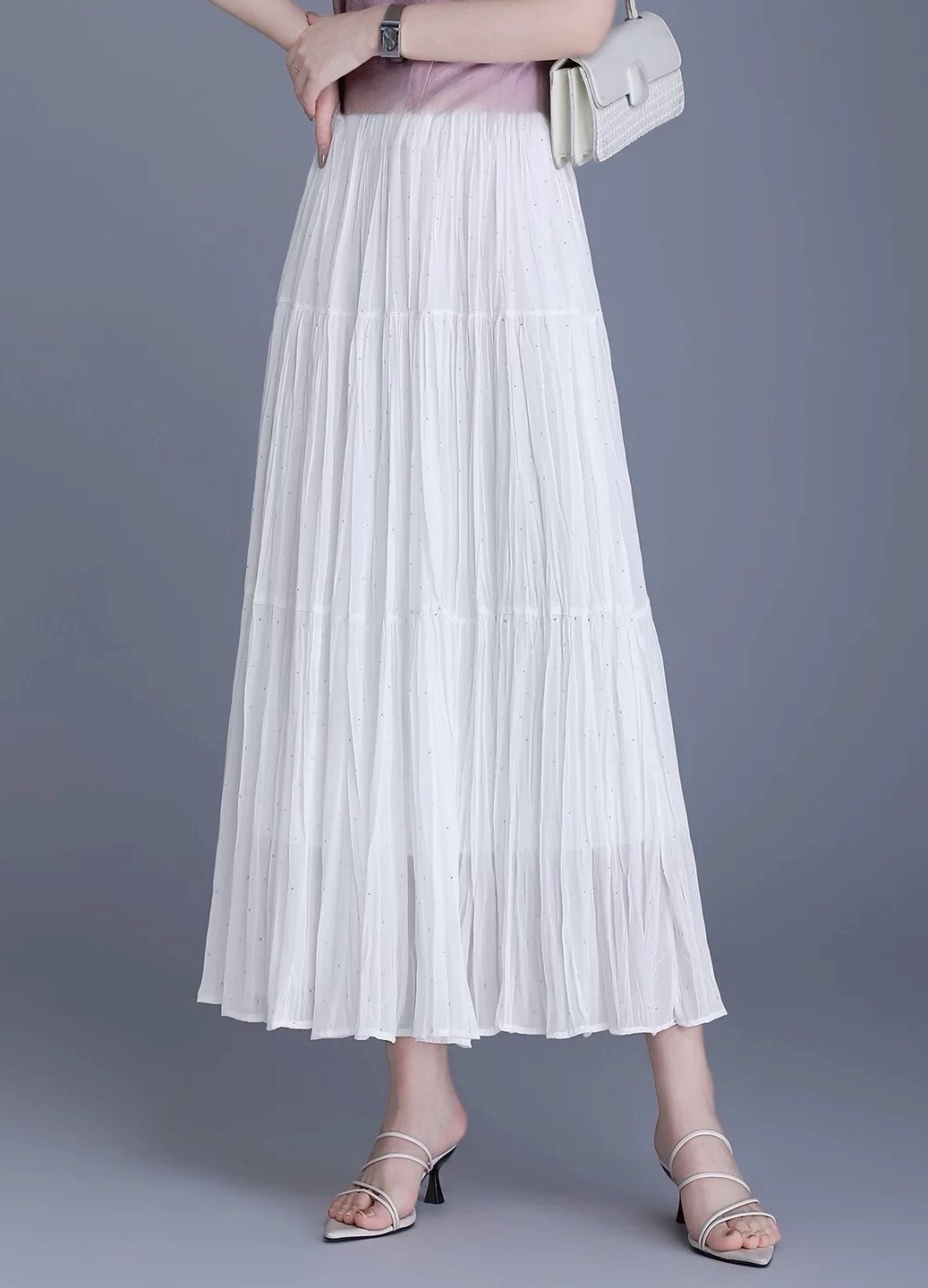 鬆緊腰鑽鑽壓摺雪紡長裙