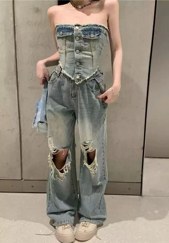 復古後鬆緊平口背心+抓破牛仔寬褲