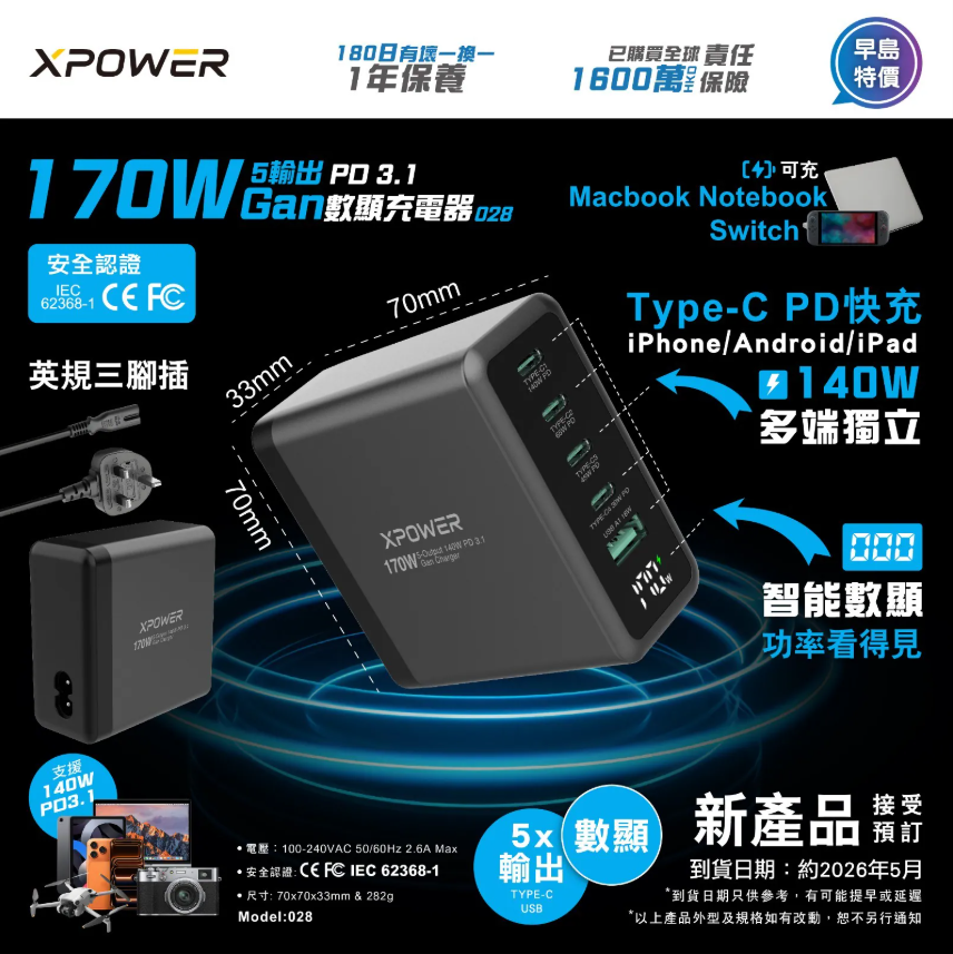 (早買限定優惠)XPOWER 170W 5輸出 PD3.1GaN 數顯充電器 028
