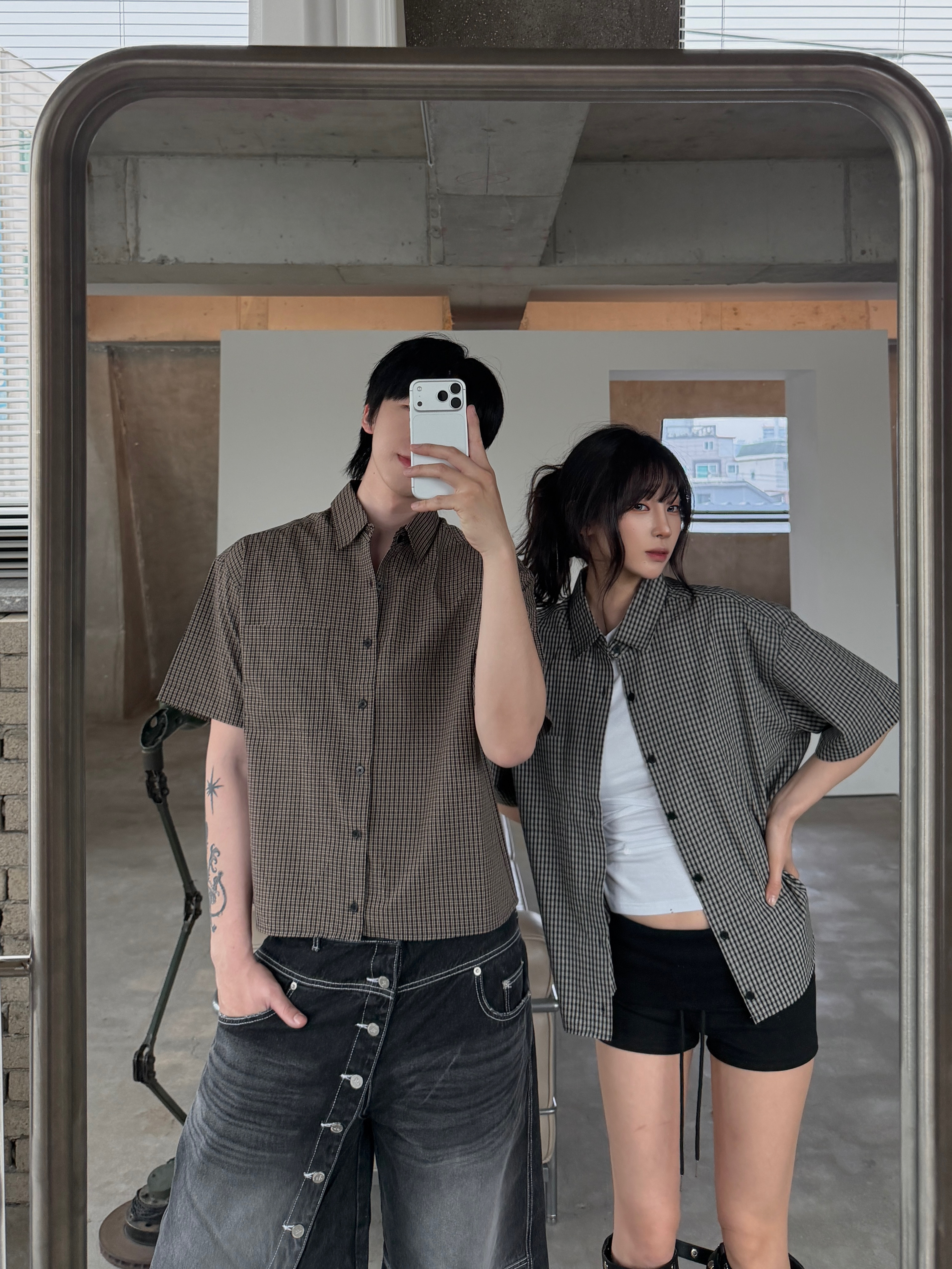 BOXY 細格子 口袋 寬鬆 短版 襯衫