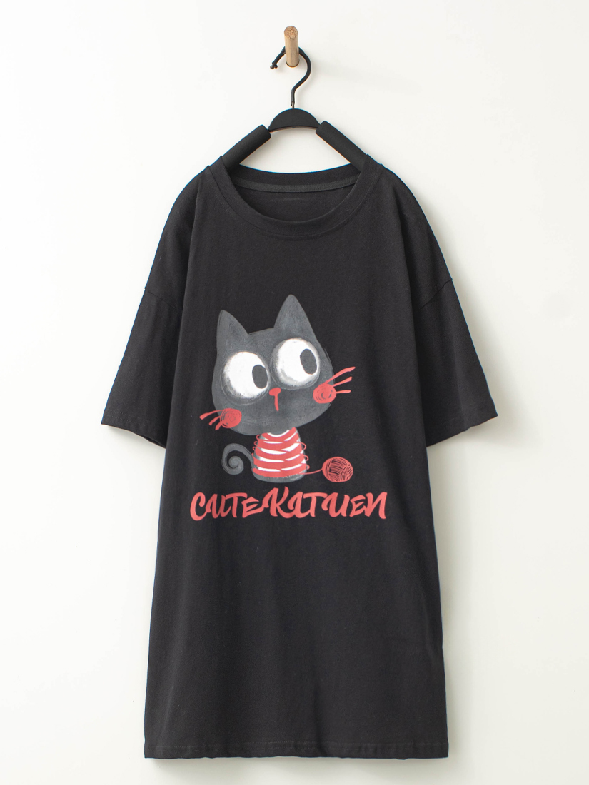 可愛貓咪印花長版短袖上衣
