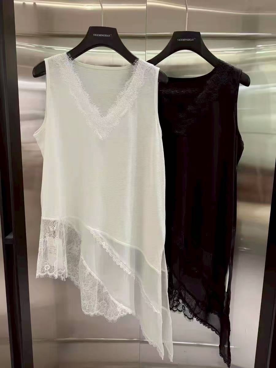 152 寬肩v領蕾絲不規則下擺背心