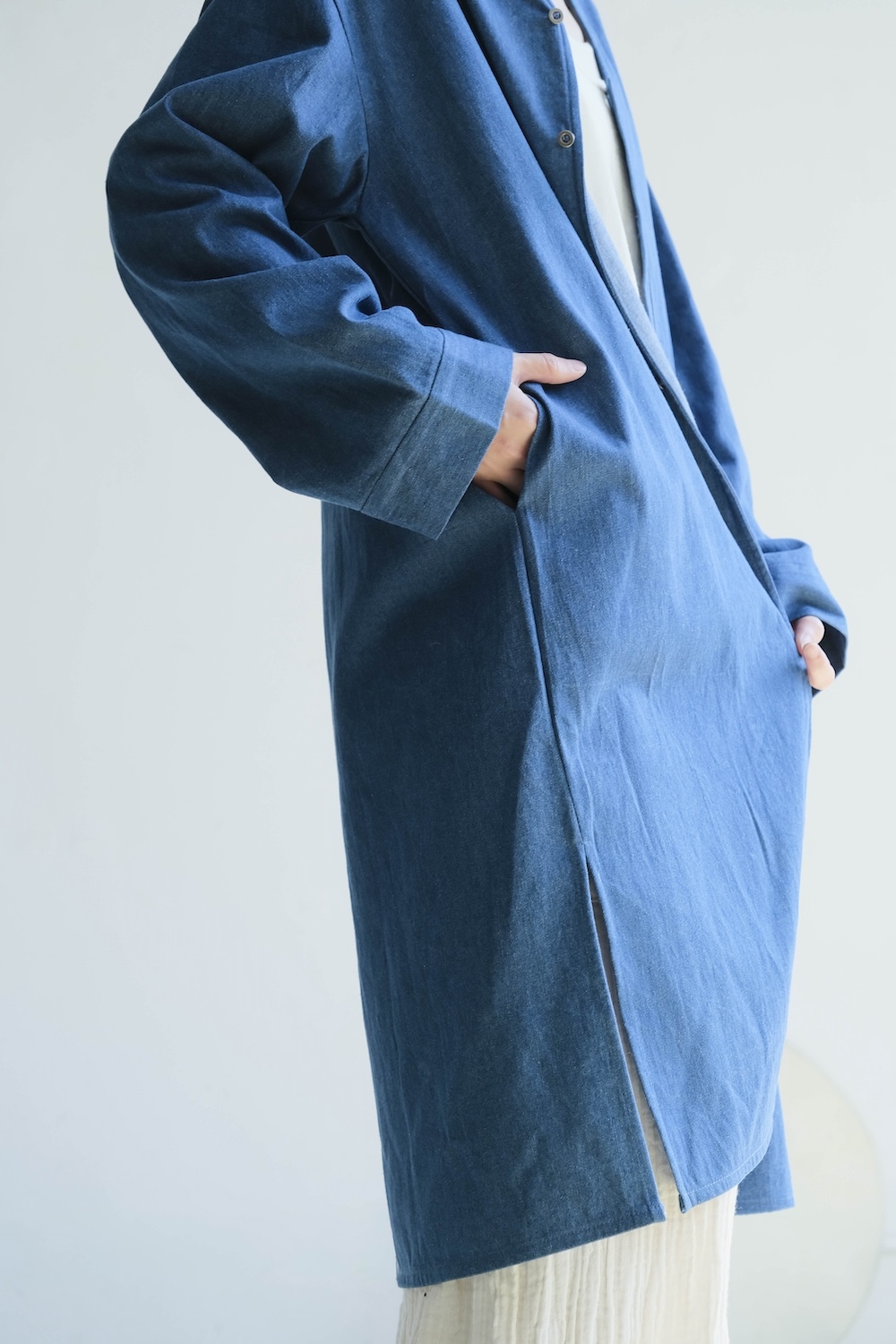 無領丹寧長外套 淺藍