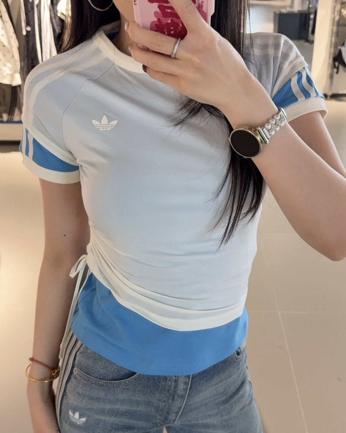 <宋雨琦代言同款>ADIDAS LAYERED CALITEE 疊穿設計 短袖 上衣 抽繩 撞色 假兩件 黃白色 藍色 黑色