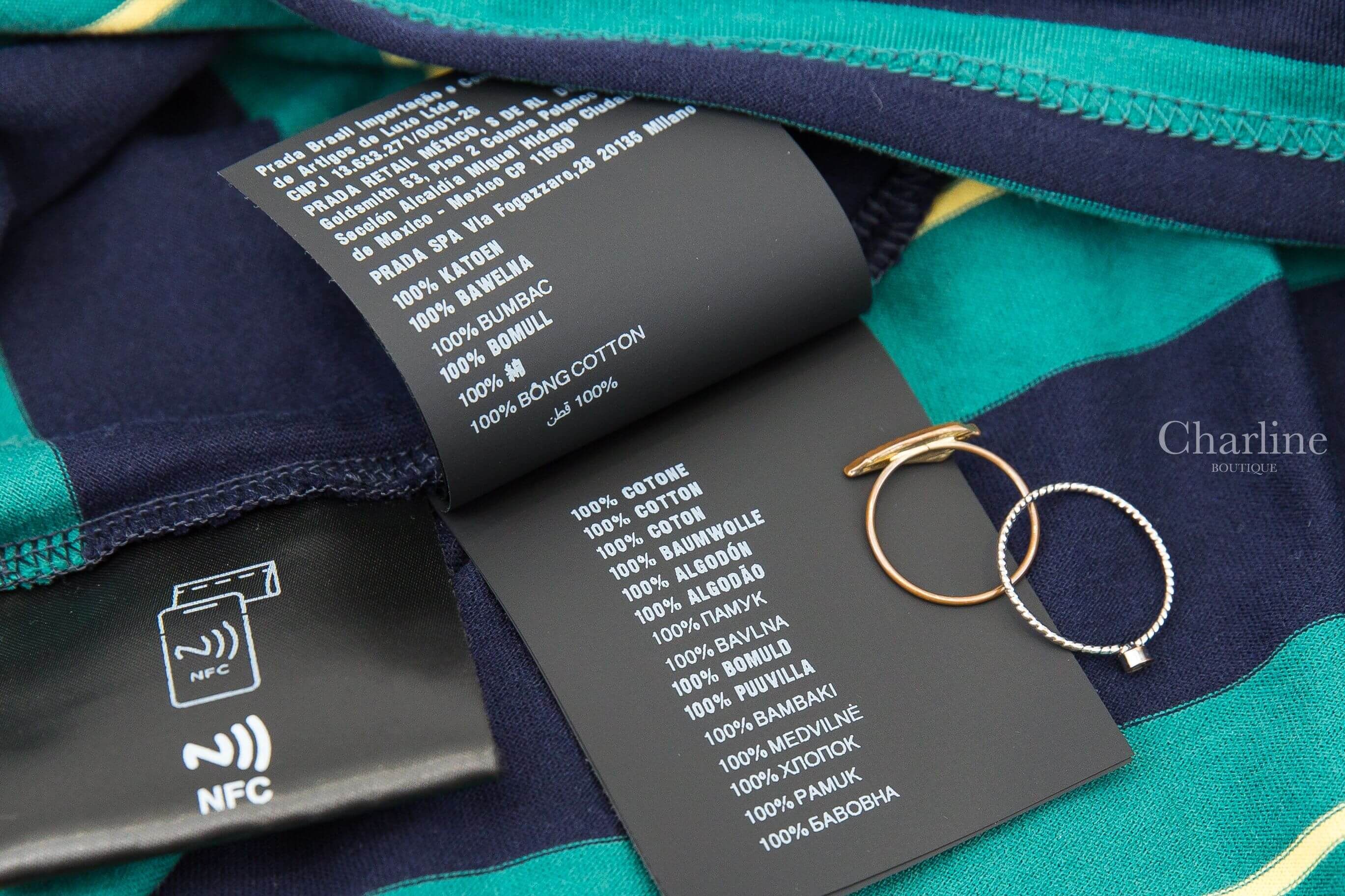 Miu Miu Jersey T-shirt 深藍色撞球綠黃橫條紋黑底白字標籤口袋短袖棉T-Charline Boutique 精品代購
