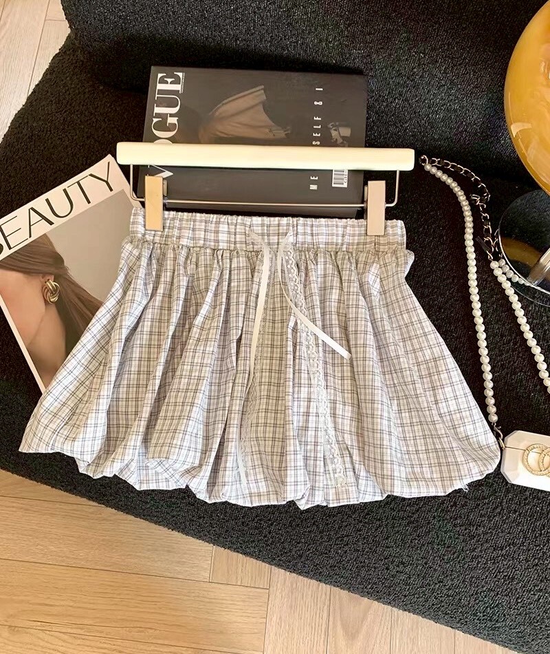 蕾絲緞帶抽繩格紋花苞褲裙