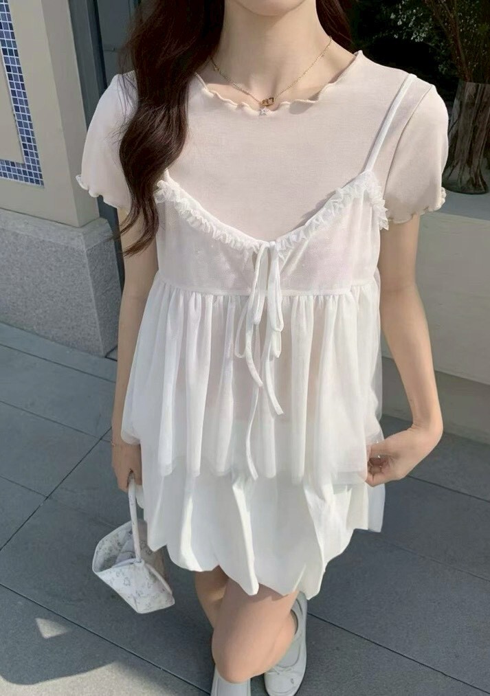 點點透紗背心+捲邊棉質衣