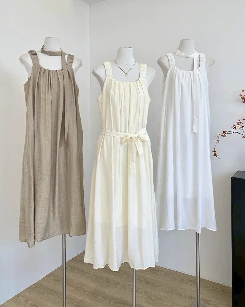 鬆緊肩腰綁帶雪紡背心長洋