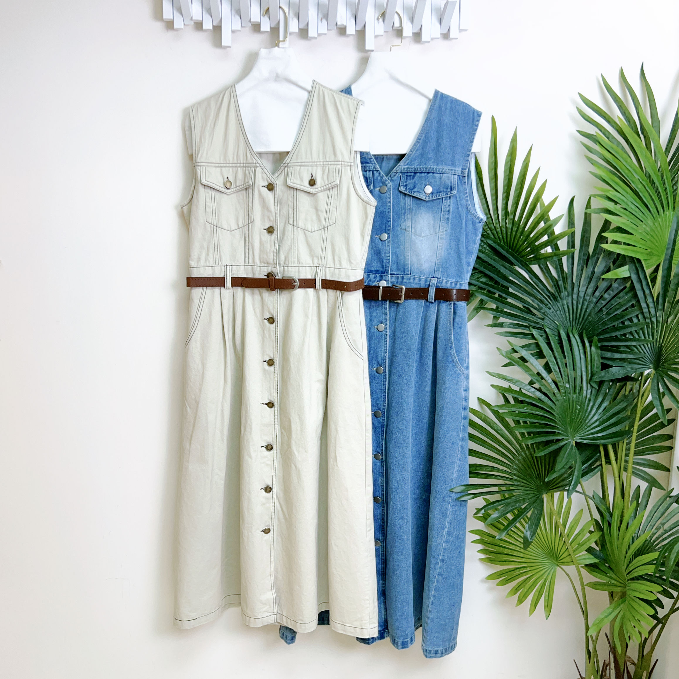 明綫牛仔棉配腰帶連身裙(胸:38 腰:34 臀:48長:48 吋)56318#1704clo